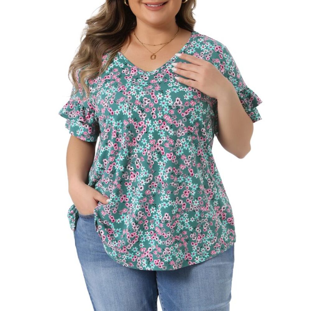 Women Plus Size V Neck Ruffle Sleeve Floral Summer Blouses Green
